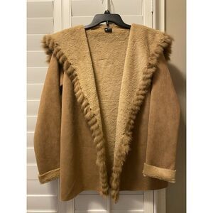 Love Token Faux‎ Suede Real Rabbit Trim Jacket Size S Light Brown Open Front